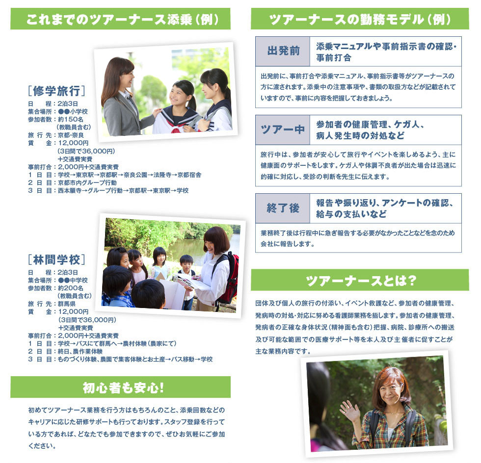 これまでのツアーナース添乗（例）修学旅行、林間学校。ツアーナースの勤務モデル（例）出発前、添乗マニュアルや事前指示書の確認・事前打合。ツアー中、参加者の健康管理、ケガ人、病人発生時の対処など。終了後、報告や振り返り、アンケートの確認、給与の支払いなど。ツアーナースとは？団体及び個人の旅行の付添い、イベント救護など、参加者の健康管理、発病時の対処・対応に努める看護師業務を指します。参加者の健康管理、発病者の正確な身体状況（精神面も含む）把握、病院、診療所への搬送及び可能な範囲での医療サポート等を本人及び主催者に促すことが主な業務内容です